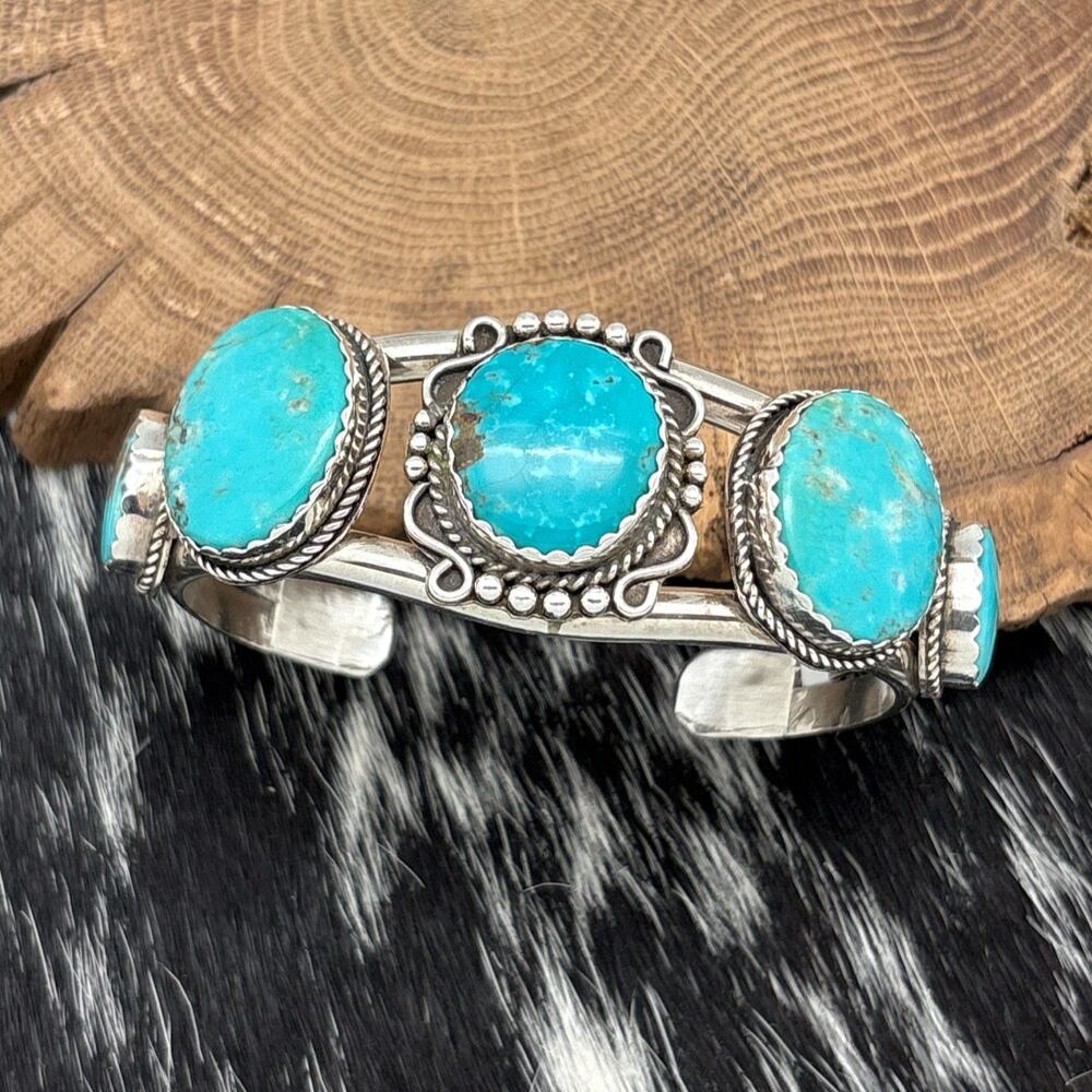 1990s G LANE Southwest Style Sterling Silver & Turquoise 5-Stone Cuff Bracelet